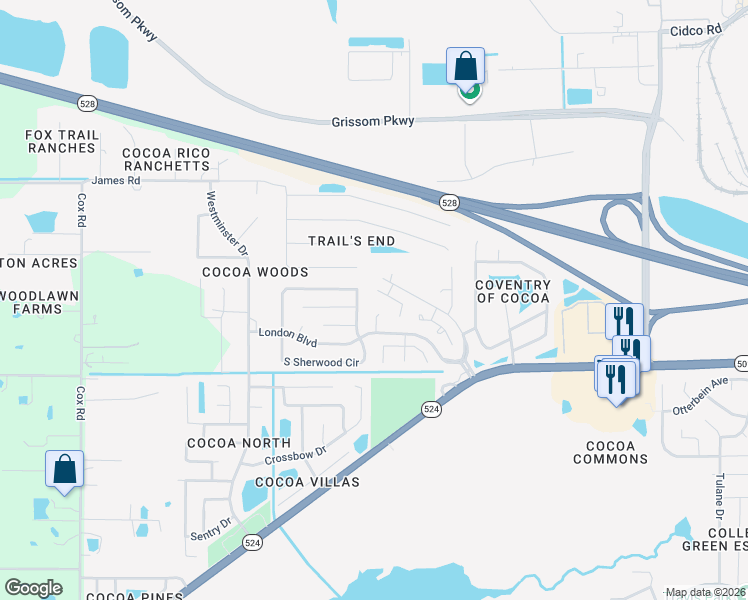 map of restaurants, bars, coffee shops, grocery stores, and more near 2995 Barkway Drive in Cocoa