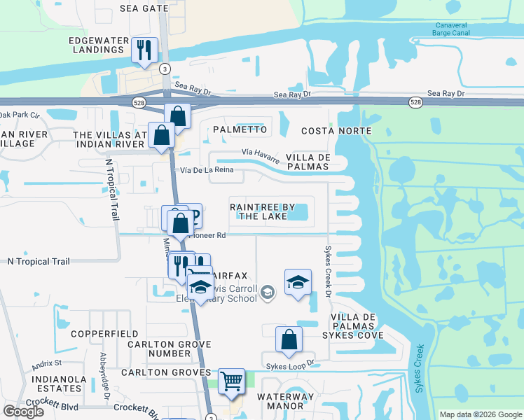 map of restaurants, bars, coffee shops, grocery stores, and more near 2345 Bacon Court in Merritt Island