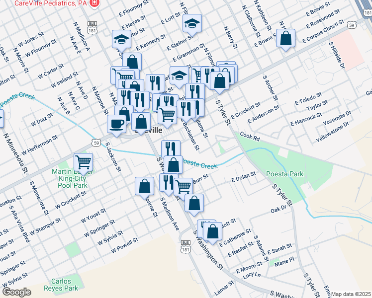 map of restaurants, bars, coffee shops, grocery stores, and more near 142 East Stamper Street in Beeville