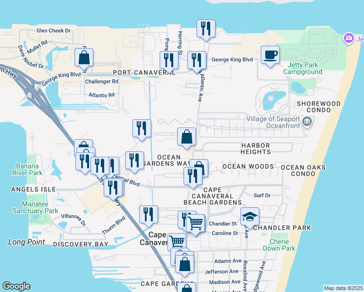 map of restaurants, bars, coffee shops, grocery stores, and more near 122 Oak Lane in Cape Canaveral