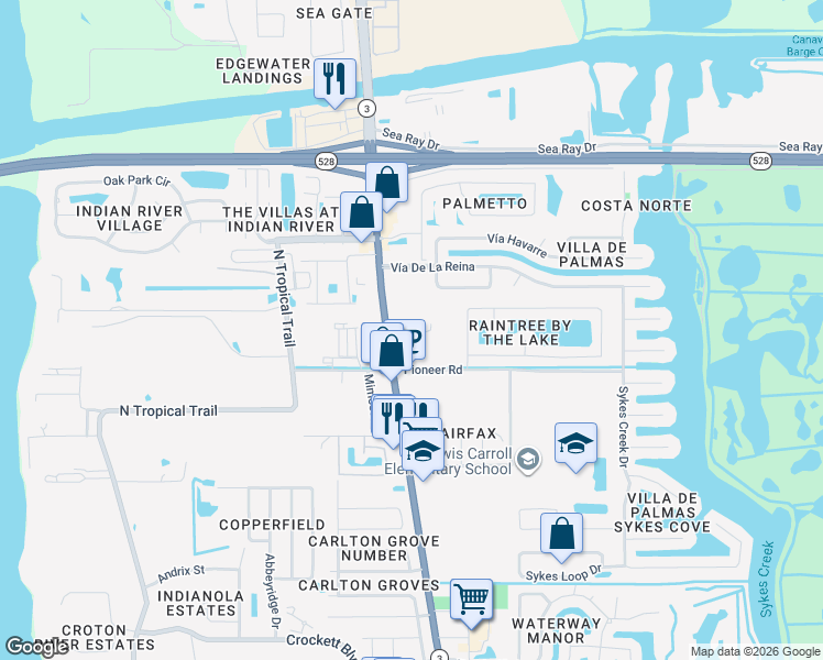 map of restaurants, bars, coffee shops, grocery stores, and more near 2404 North Courtenay Parkway in Merritt Island