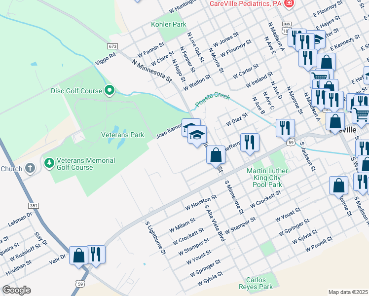 map of restaurants, bars, coffee shops, grocery stores, and more near 301 North Minnesota Street in Beeville