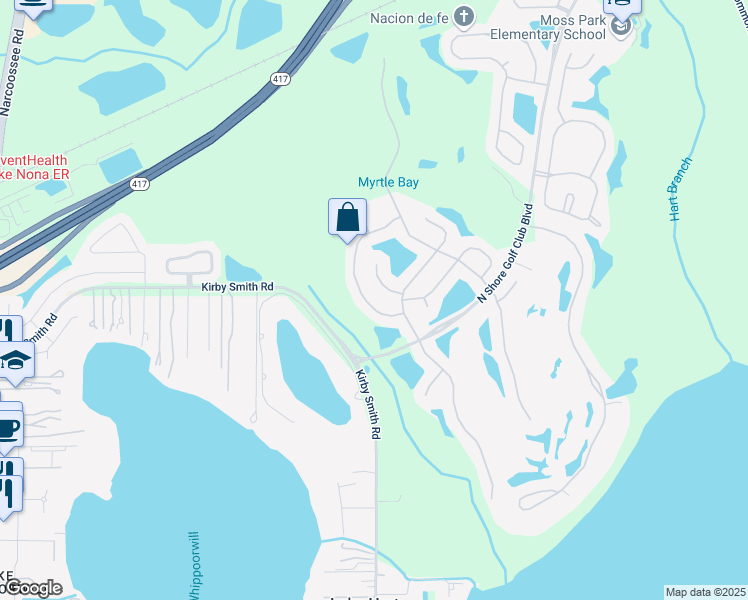 map of restaurants, bars, coffee shops, grocery stores, and more near 10107 Hidden Dunes Lane in Orlando