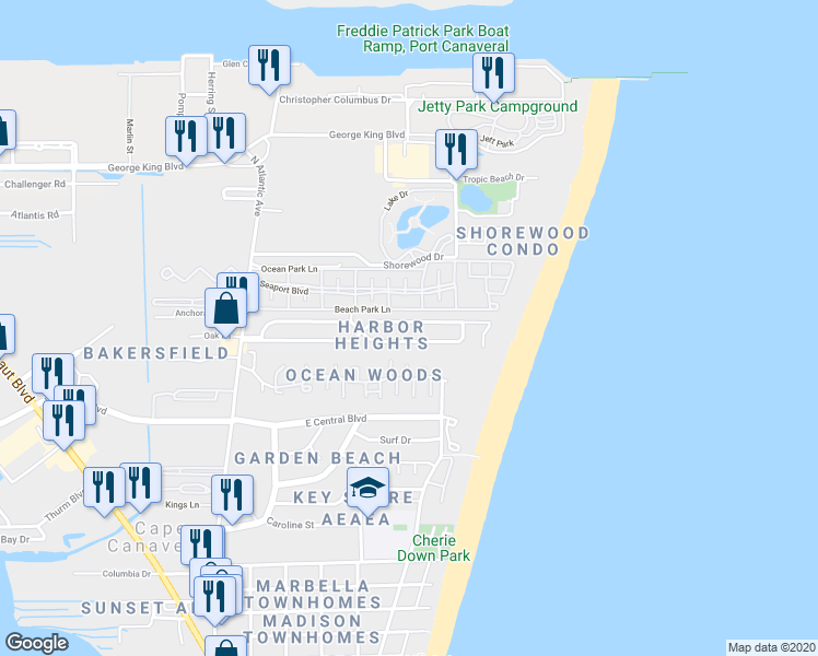 map of restaurants, bars, coffee shops, grocery stores, and more near 351 Harbor Drive in Cape Canaveral