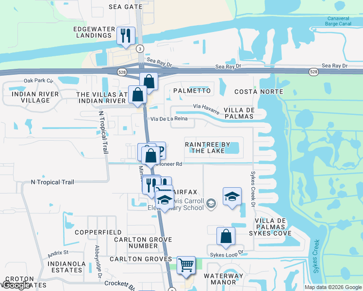 map of restaurants, bars, coffee shops, grocery stores, and more near 2355 Raintree Lake Circle in Merritt Island