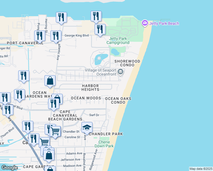 map of restaurants, bars, coffee shops, grocery stores, and more near 375 Harbor Dr in Cape Canaveral