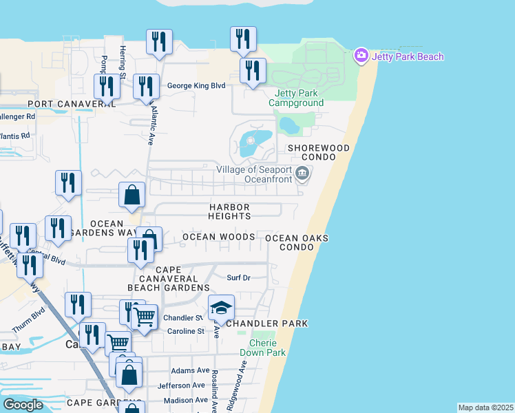 map of restaurants, bars, coffee shops, grocery stores, and more near 351 Harbor Drive in Cape Canaveral