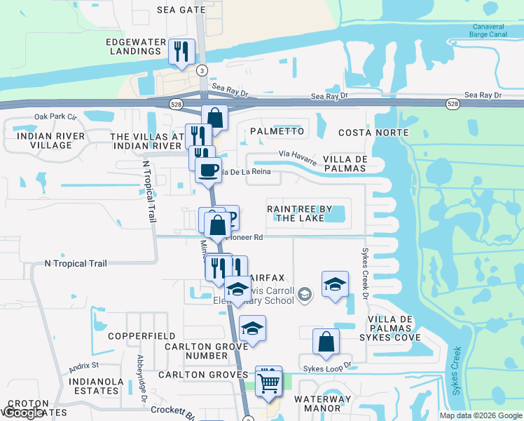 map of restaurants, bars, coffee shops, grocery stores, and more near 2355 Raintree Lake Circle in Merritt Island
