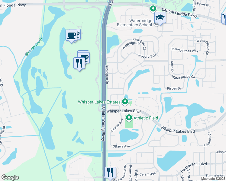 map of restaurants, bars, coffee shops, grocery stores, and more near 3196 Burlington Drive in Orlando