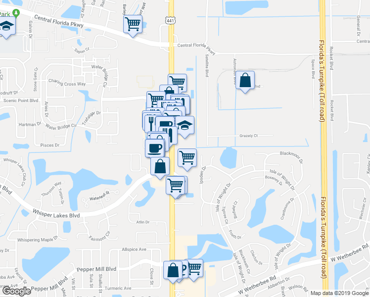 map of restaurants, bars, coffee shops, grocery stores, and more near 11513 South Orange Blossom Trail in Orlando