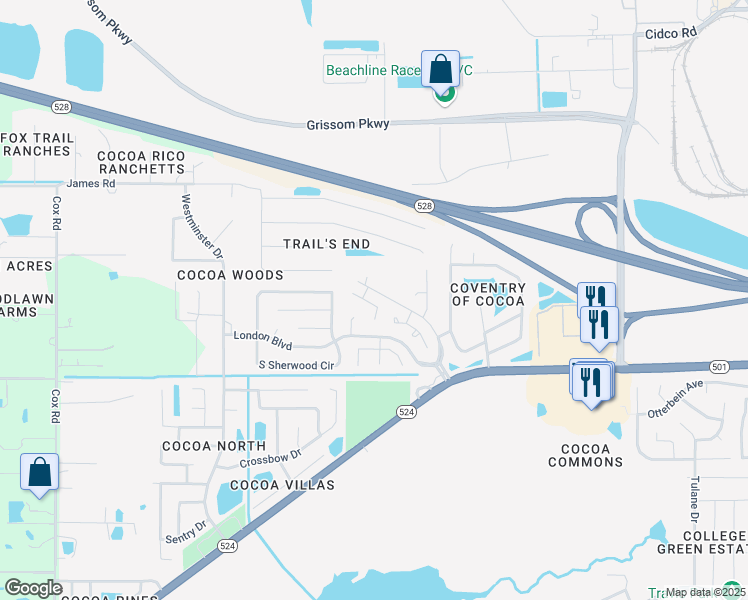 map of restaurants, bars, coffee shops, grocery stores, and more near 2990 Barkway Drive in Cocoa