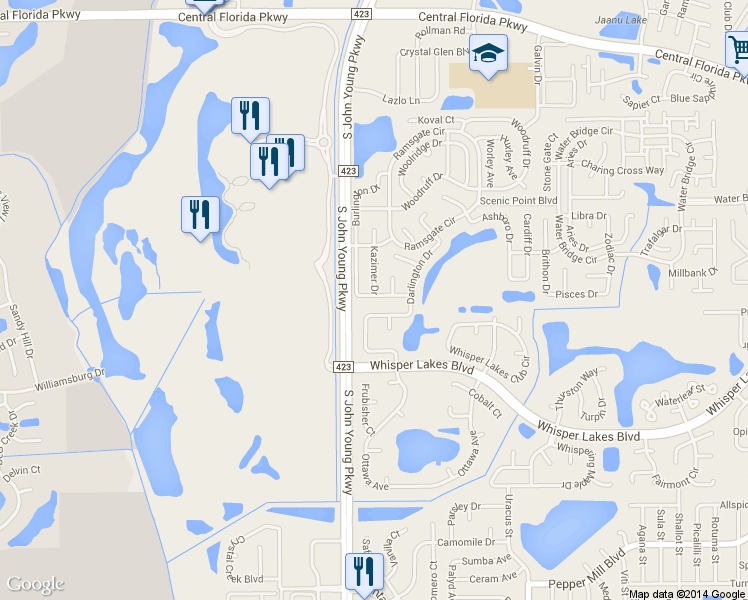 map of restaurants, bars, coffee shops, grocery stores, and more near 3196 Burlington Drive in Orlando