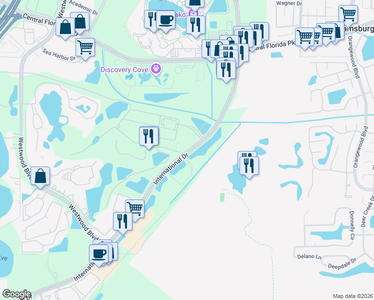 map of restaurants, bars, coffee shops, grocery stores, and more near 11580 International Drive in Orlando