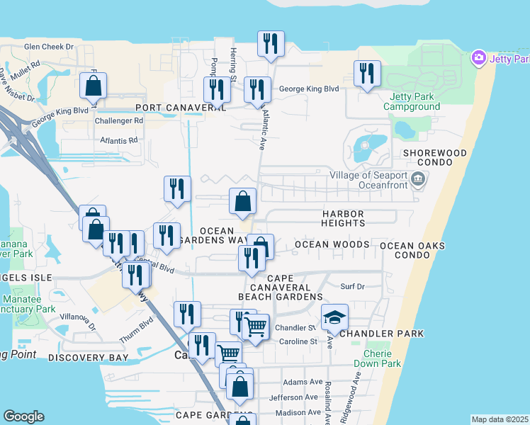 map of restaurants, bars, coffee shops, grocery stores, and more near 8805 Sea Shell Ln in Cape Canaveral