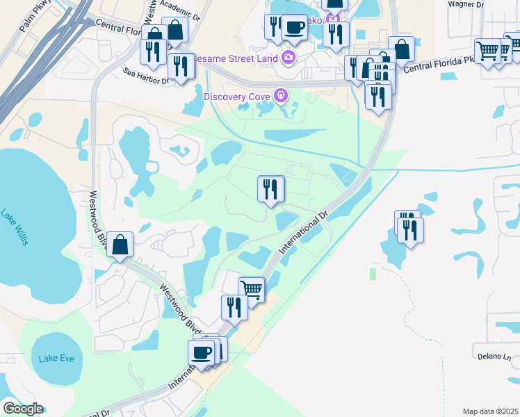 map of restaurants, bars, coffee shops, grocery stores, and more near 6300 Parc Corniche Drive in Orlando