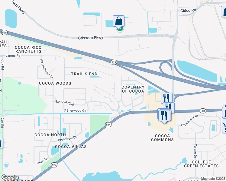 map of restaurants, bars, coffee shops, grocery stores, and more near 3123 Ispwich Drive in Cocoa