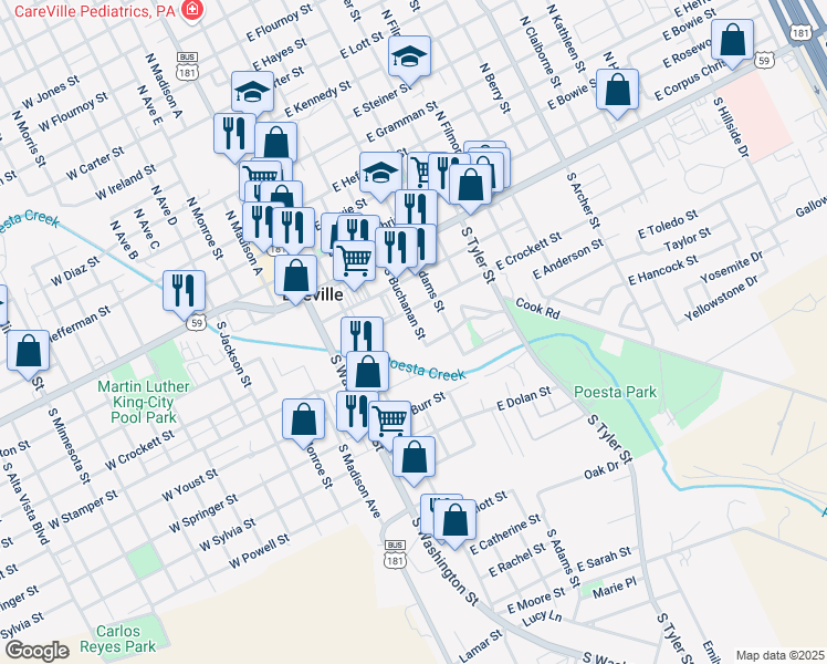 map of restaurants, bars, coffee shops, grocery stores, and more near 142 East Stamper Street in Beeville