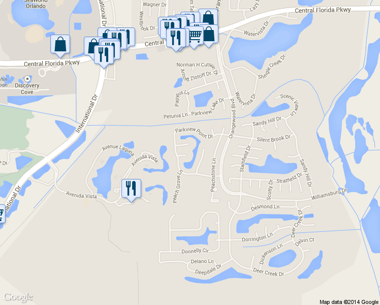 map of restaurants, bars, coffee shops, grocery stores, and more near 5809 Plum Pudding Court in Orlando