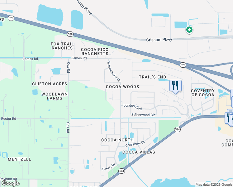 map of restaurants, bars, coffee shops, grocery stores, and more near 2458 Westminster Drive in Cocoa