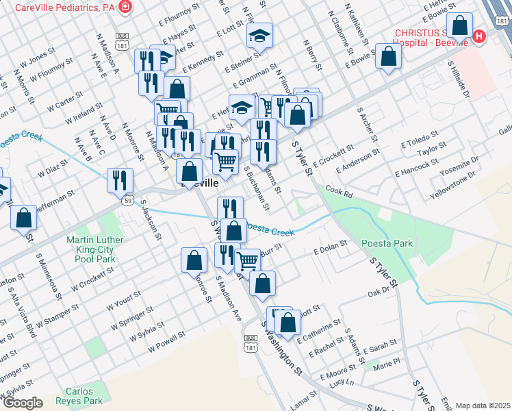 map of restaurants, bars, coffee shops, grocery stores, and more near 142 East Stamper Street in Beeville