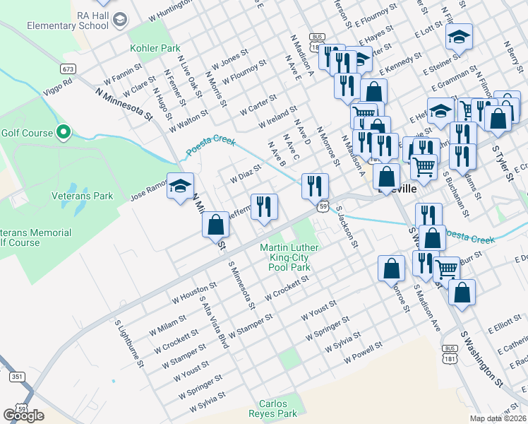 map of restaurants, bars, coffee shops, grocery stores, and more near 115 Juarez Street in Beeville