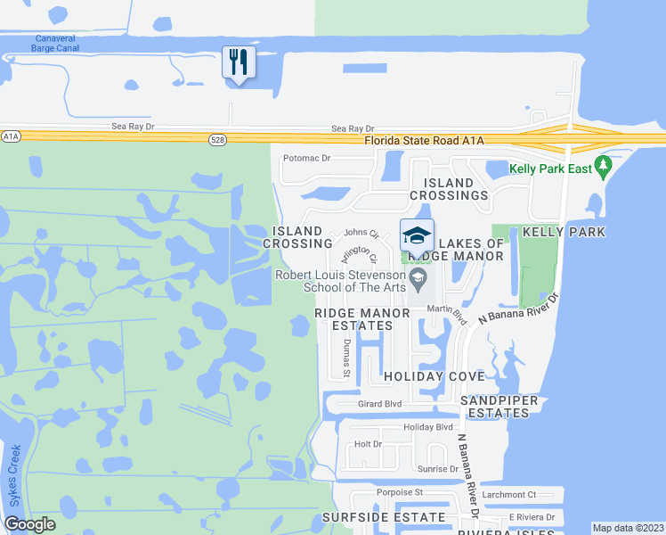 map of restaurants, bars, coffee shops, grocery stores, and more near 2380 Jason Street in Merritt Island