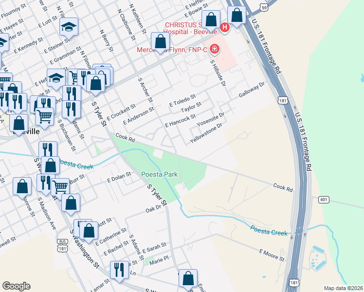 map of restaurants, bars, coffee shops, grocery stores, and more near 1100 Yellowstone Drive in Beeville