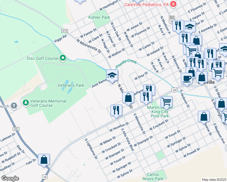 map of restaurants, bars, coffee shops, grocery stores, and more near 301 North Minnesota Street in Beeville