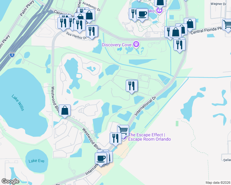map of restaurants, bars, coffee shops, grocery stores, and more near 6403 Parc Corniche Drive in Orlando