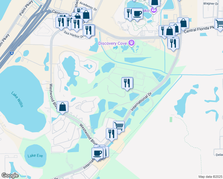 map of restaurants, bars, coffee shops, grocery stores, and more near 6403 Parc Corniche Drive in Orlando