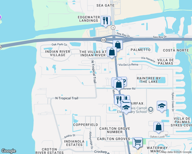 map of restaurants, bars, coffee shops, grocery stores, and more near 2402 North Tropical Trail in Merritt Island