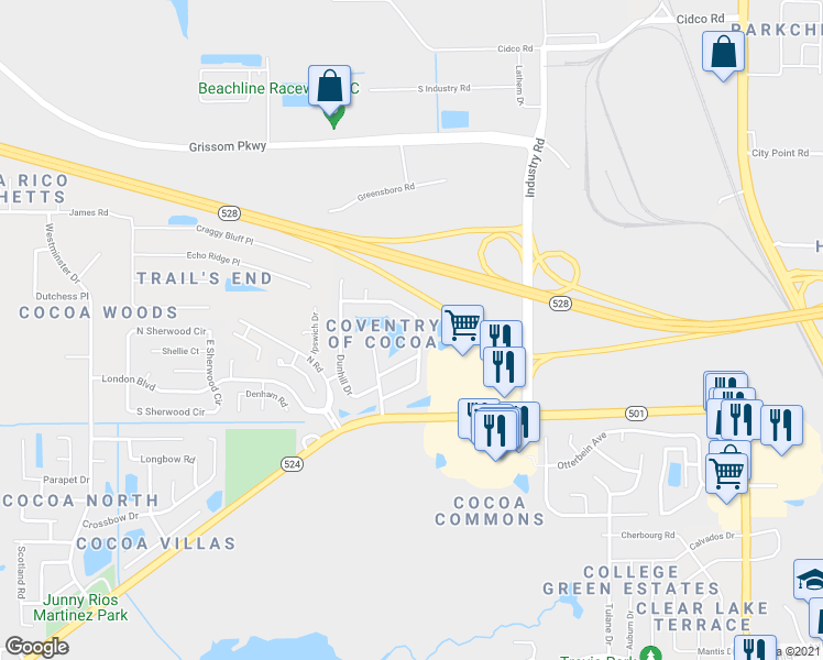 map of restaurants, bars, coffee shops, grocery stores, and more near 3027 Winchester Drive in Cocoa