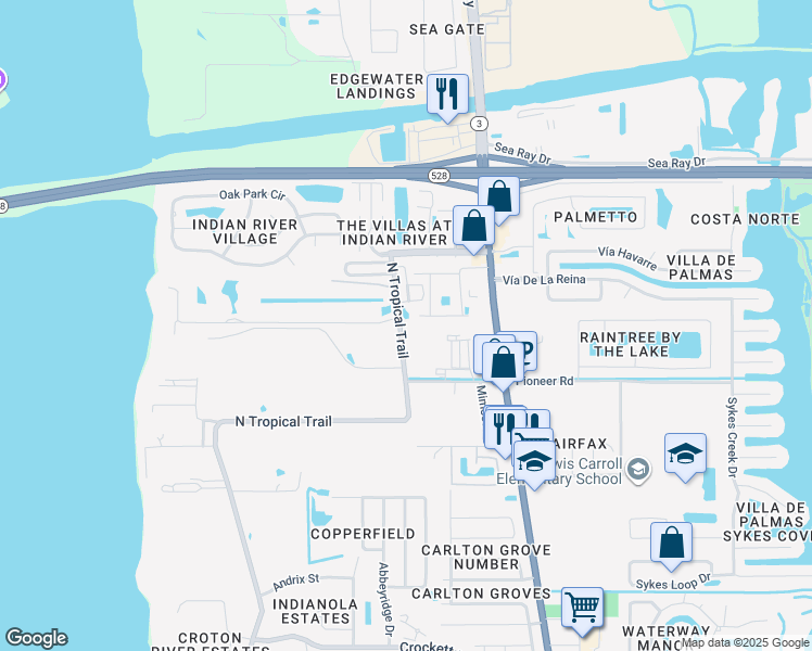 map of restaurants, bars, coffee shops, grocery stores, and more near 2412 North Tropical Trail in Merritt Island