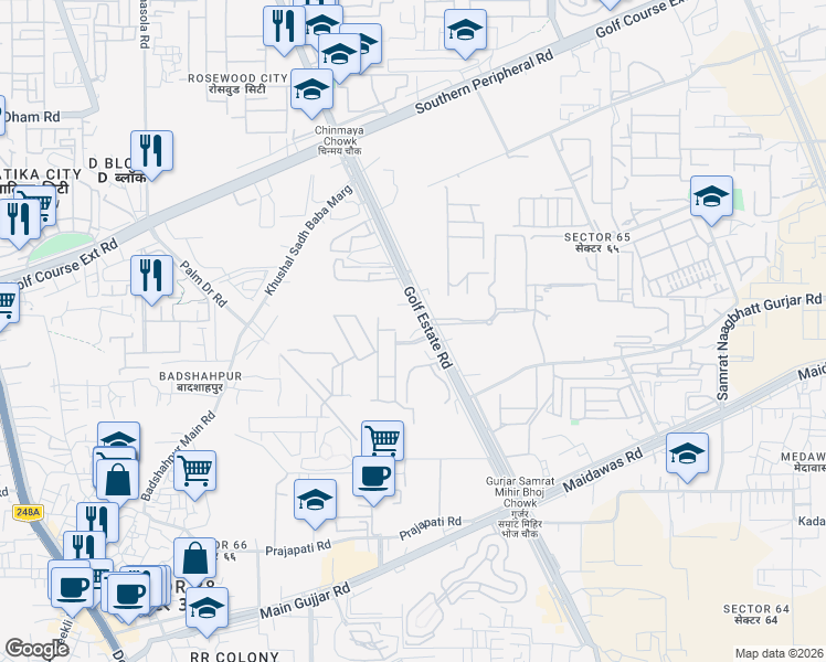 map of restaurants, bars, coffee shops, grocery stores, and more near Unnamed Road in Gurgaon