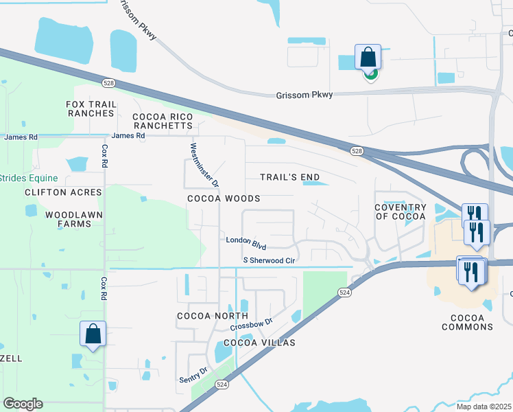 map of restaurants, bars, coffee shops, grocery stores, and more near 3708 North Sherwood Circle in Cocoa