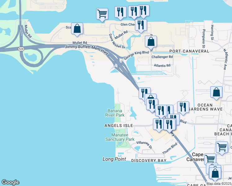 map of restaurants, bars, coffee shops, grocery stores, and more near 8964 Puerto Del Rio Drive in Cape Canaveral
