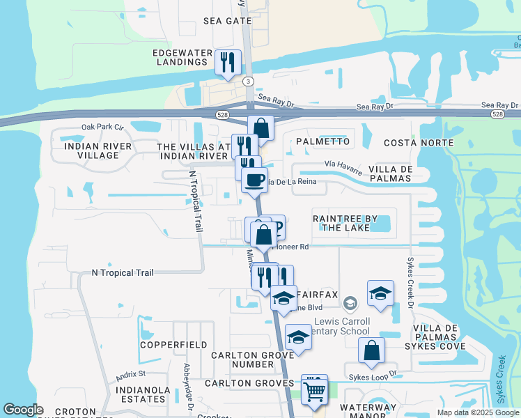 map of restaurants, bars, coffee shops, grocery stores, and more near 2300 North Courtenay Parkway in Merritt Island