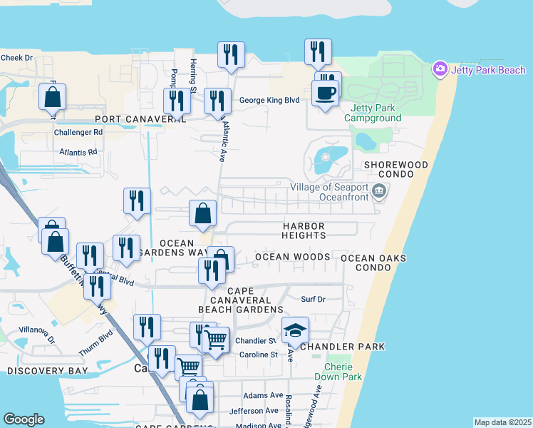 map of restaurants, bars, coffee shops, grocery stores, and more near 238 Beach Park Lane in Cape Canaveral