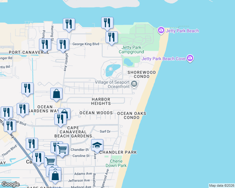 map of restaurants, bars, coffee shops, grocery stores, and more near 718 Beach Park Lane in Cape Canaveral