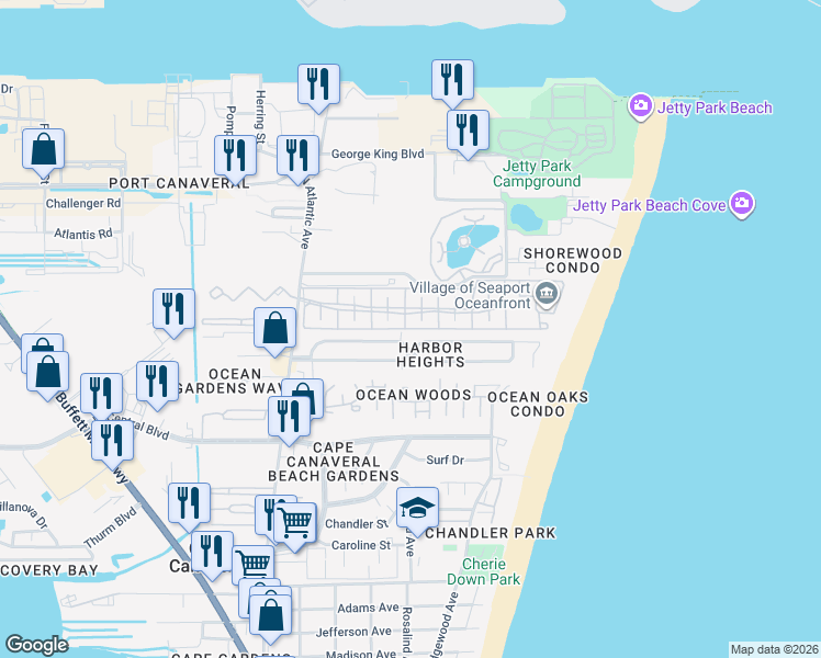 map of restaurants, bars, coffee shops, grocery stores, and more near 346 Beach Park Lane in Cape Canaveral