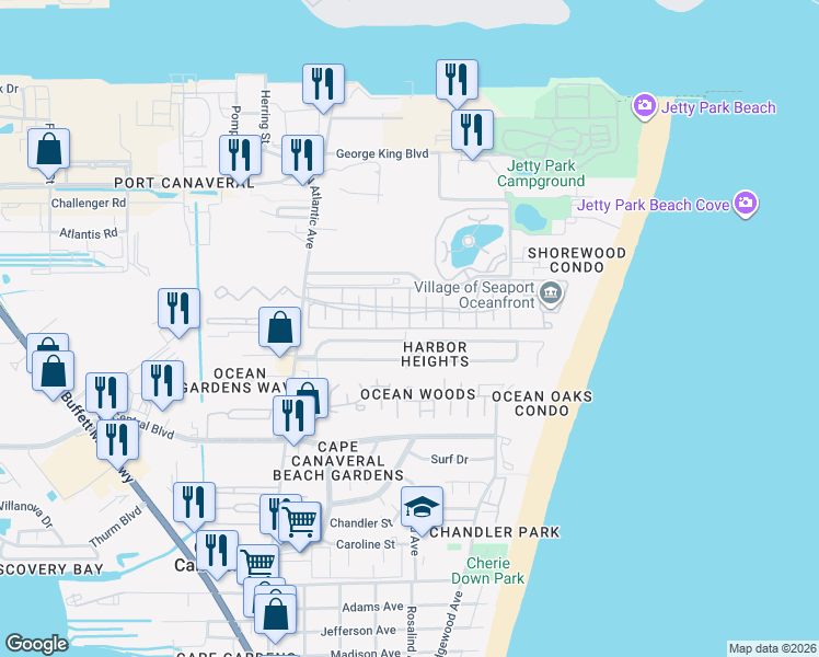 map of restaurants, bars, coffee shops, grocery stores, and more near 342 Beach Park Lane in Cape Canaveral