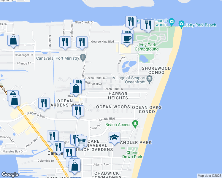 map of restaurants, bars, coffee shops, grocery stores, and more near 316 Beach Park Lane in Cape Canaveral