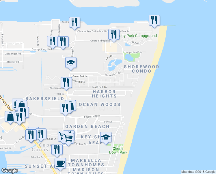 map of restaurants, bars, coffee shops, grocery stores, and more near 508 Beach Park Lane in Cape Canaveral