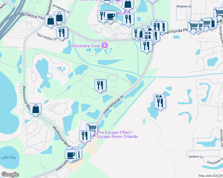 map of restaurants, bars, coffee shops, grocery stores, and more near 6115 Parc Corniche Drive in Orlando