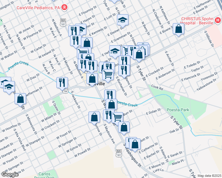 map of restaurants, bars, coffee shops, grocery stores, and more near 100 East Houston Street in Beeville