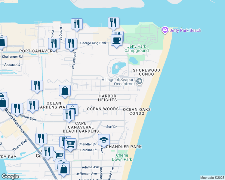 map of restaurants, bars, coffee shops, grocery stores, and more near 351 Harbor Drive in Cape Canaveral