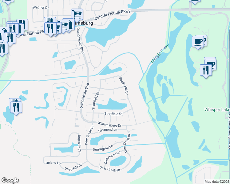 map of restaurants, bars, coffee shops, grocery stores, and more near 11525 Saddlebow Lane in Orlando