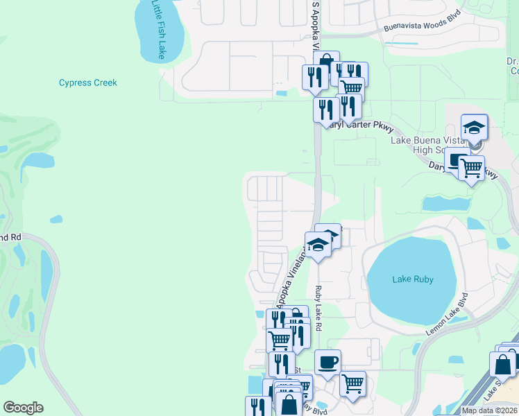 map of restaurants, bars, coffee shops, grocery stores, and more near 11366 Suzanne Lane in Orlando