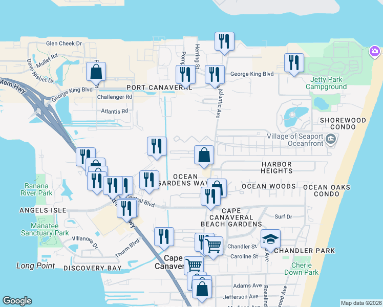 map of restaurants, bars, coffee shops, grocery stores, and more near 121 Portside Avenue in Cape Canaveral
