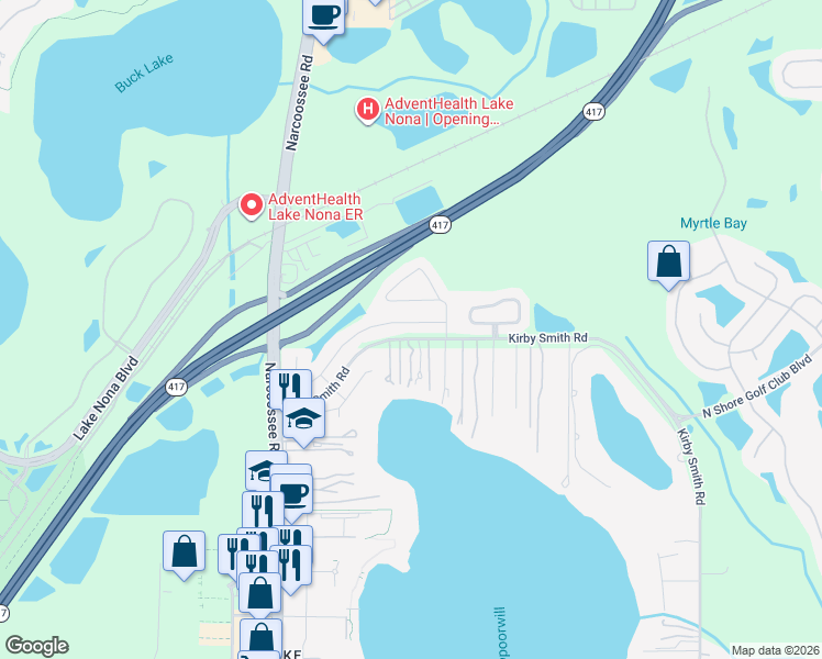 map of restaurants, bars, coffee shops, grocery stores, and more near 11507 Malverns Loop in Orlando